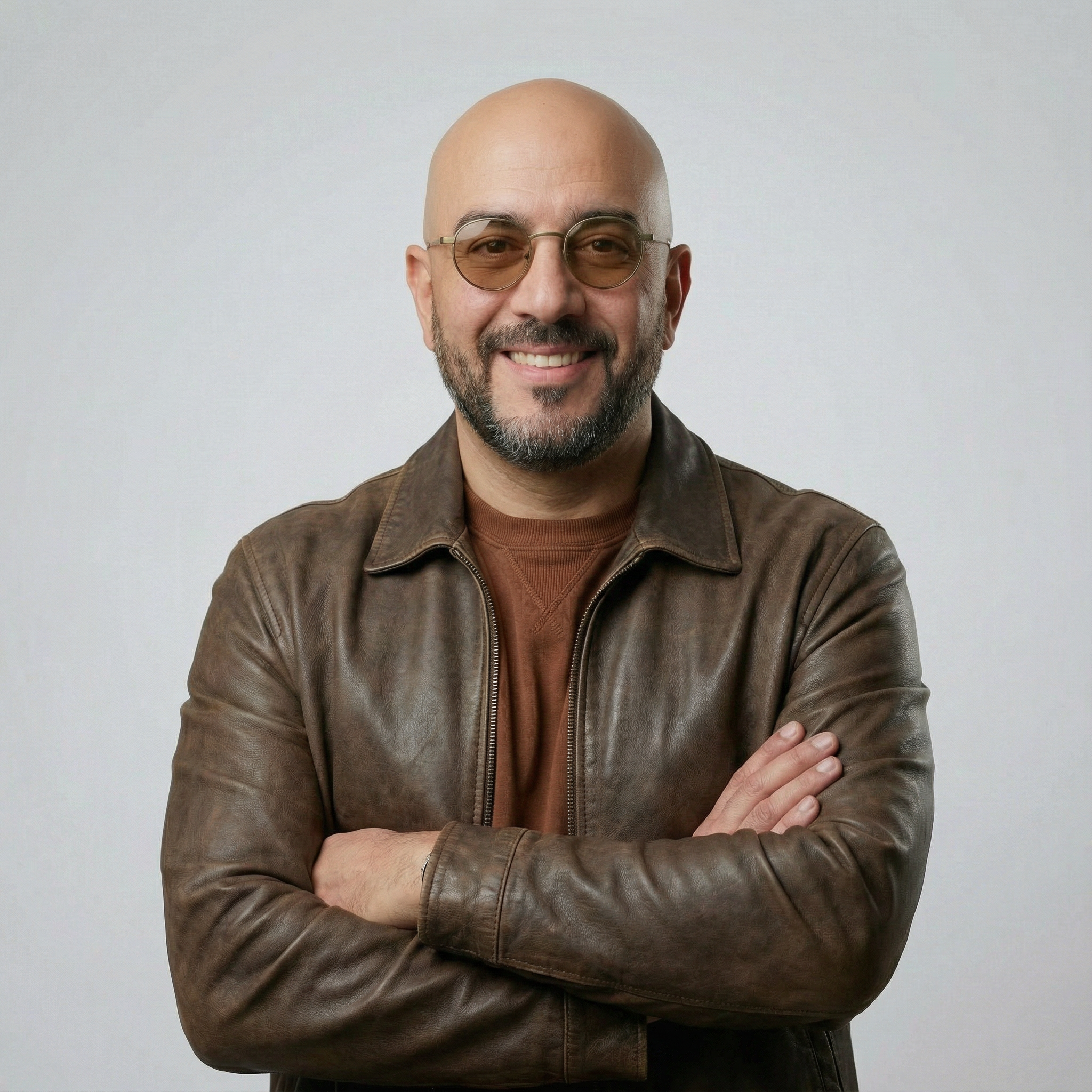 سامي فتاح مبتسمًا، مرتديًا سترة جلدية بنية